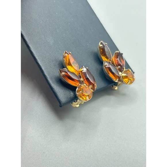 Vintage Rhinestone Earrings Clip On Topaz Glass Navette Marquise Shape Prong Set - Picture 5 of 8